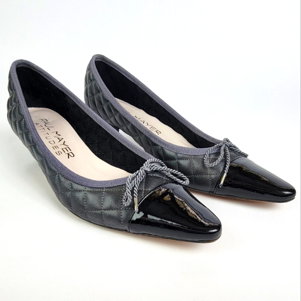 Paul Mayer Attitudes Shoes, Size 8, Black and Gray Quilted Pump Toe Kitten Heel